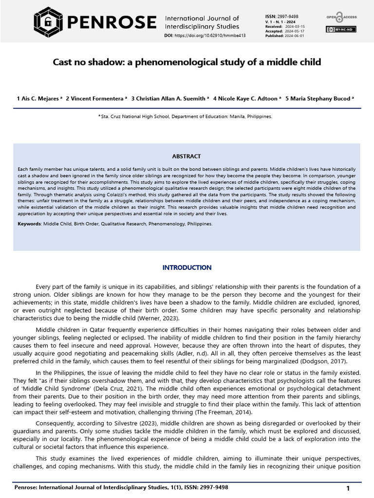Cast+No+Shadow a+Phenomenological+Study+of+a+Middle+Child Issn | PDF ...
