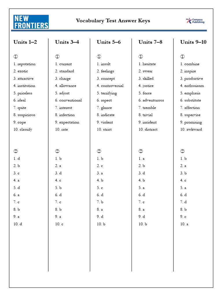 New Frontiers 6_Vocabulary Test_Answer Key | PDF