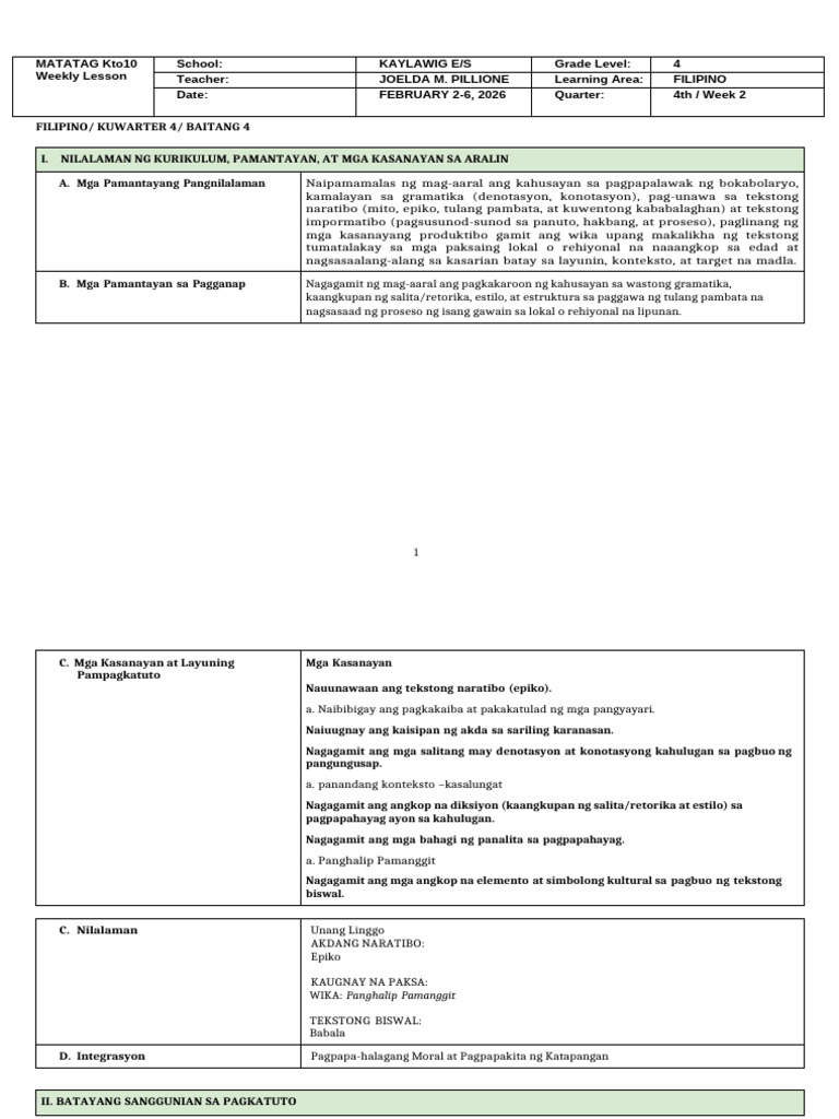 Grade 4 Filipino 4 - DLL - Q4 - Week 2 | PDF