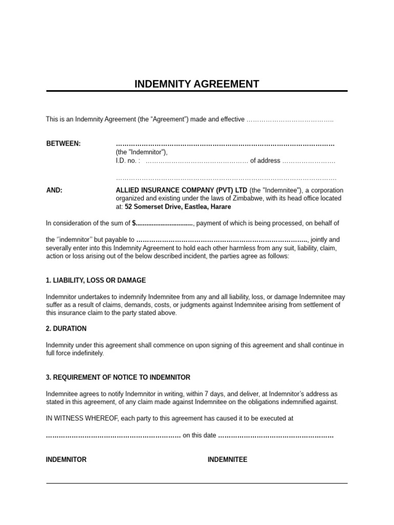 Indemnity Agreement | PDF | Indemnity | Contract Law