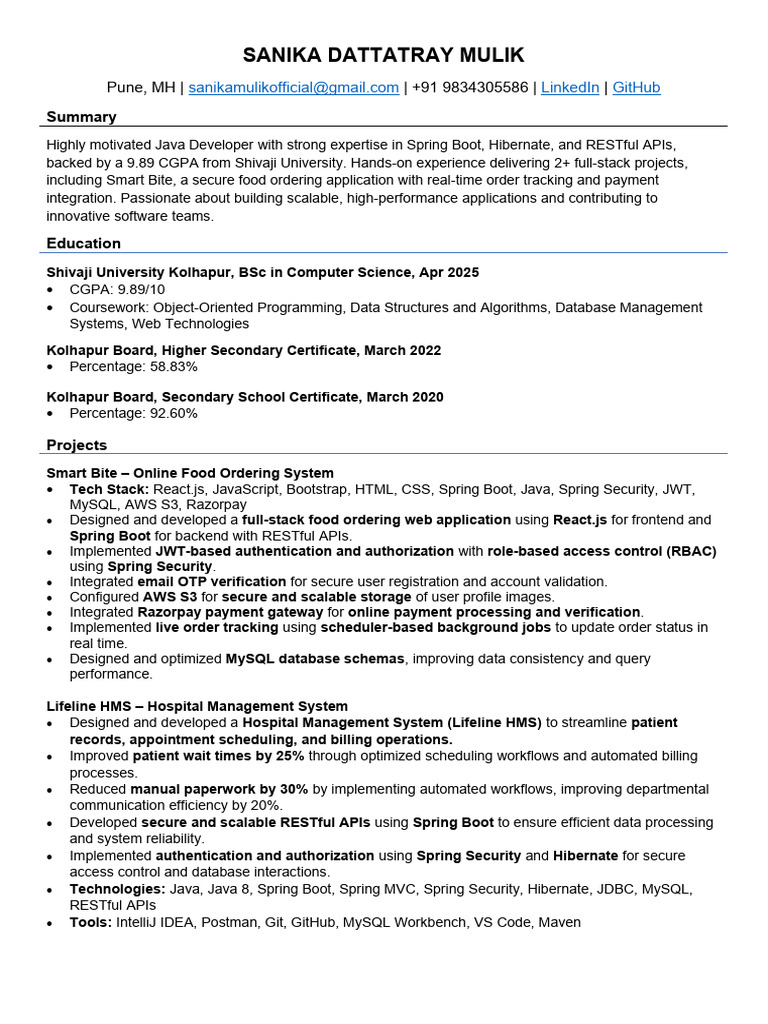 Sanika Dattatray Mulik Updated Resume | PDF | My Sql | Databases