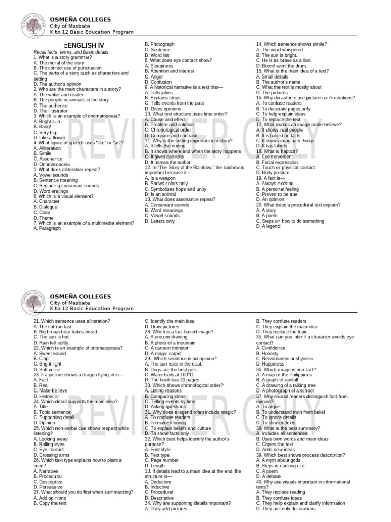 Grade IV Advance Reviewer | PDF | Human Communication