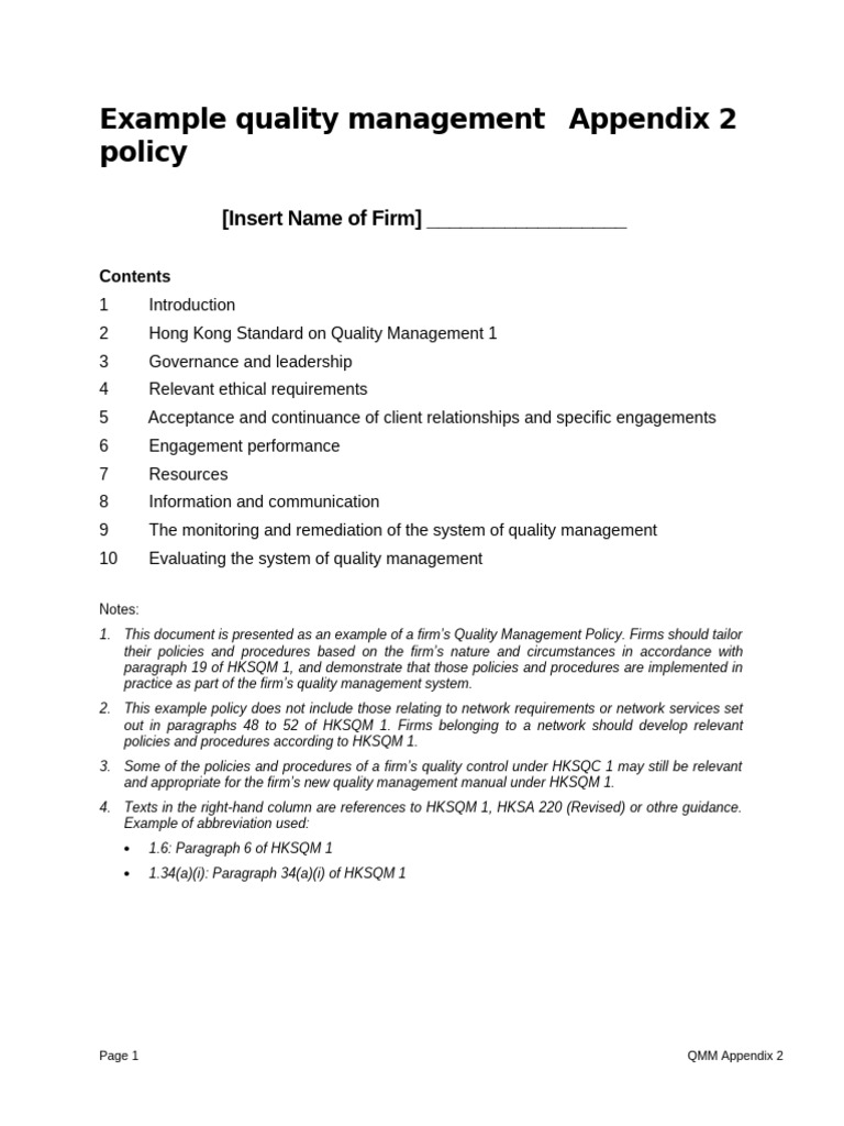 Appendix 2 Example Quality Management | PDF | Audit | Quality Management
