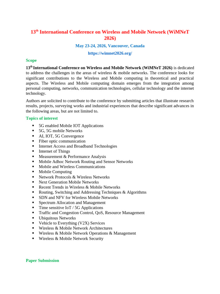 13th International Conference on Wireless and Mobile Network (WiMNeT ...