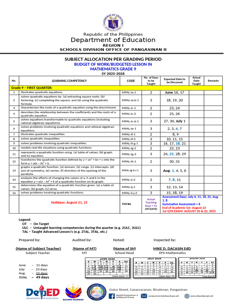 BOW Budgeted-Lesson G9-Math SY 2025-2026 1st-Qtr | PDF | Quadratic ...