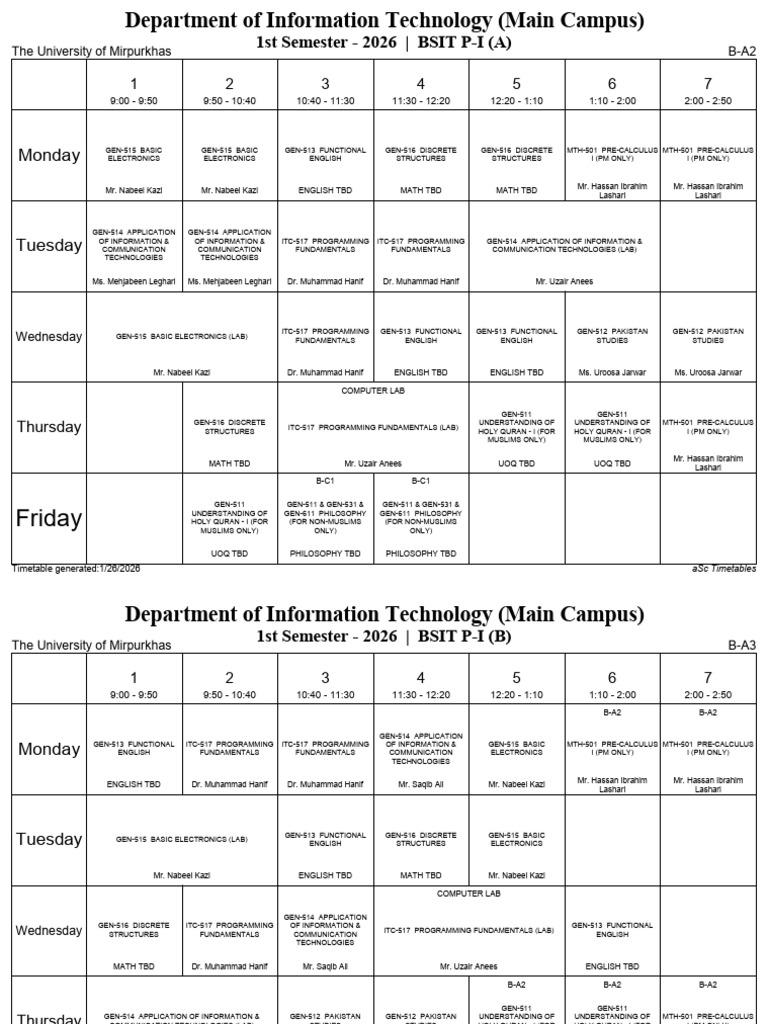 v2 Batches - It - Timetable - 1st Semester- 2026 | PDF