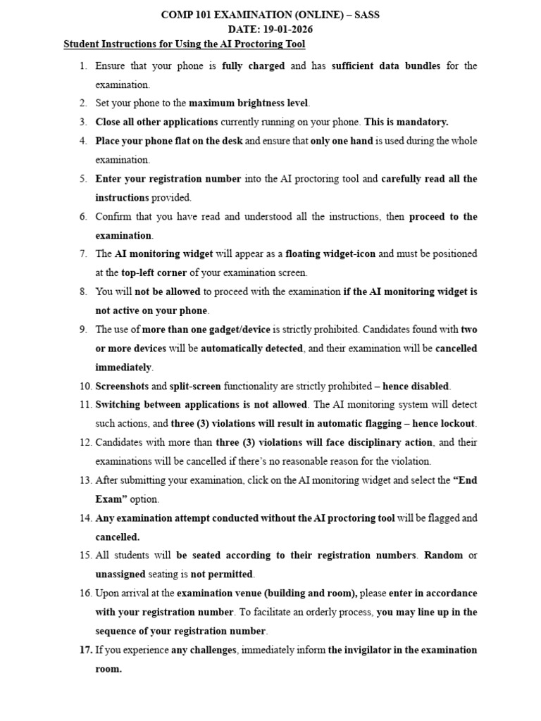 Comp 101 Examination Instruction - Sass - 19-01-2026 | PDF