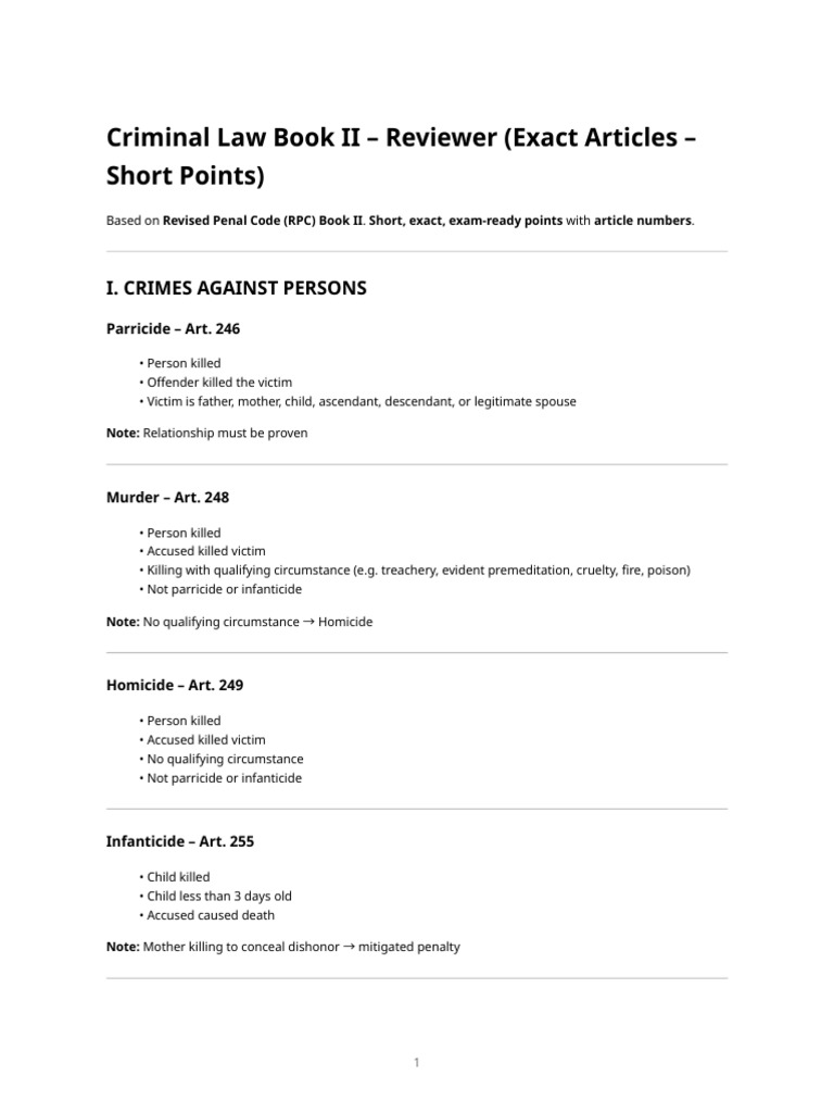 Criminal Law 2 Reviewer | PDF | Murder | Crimes