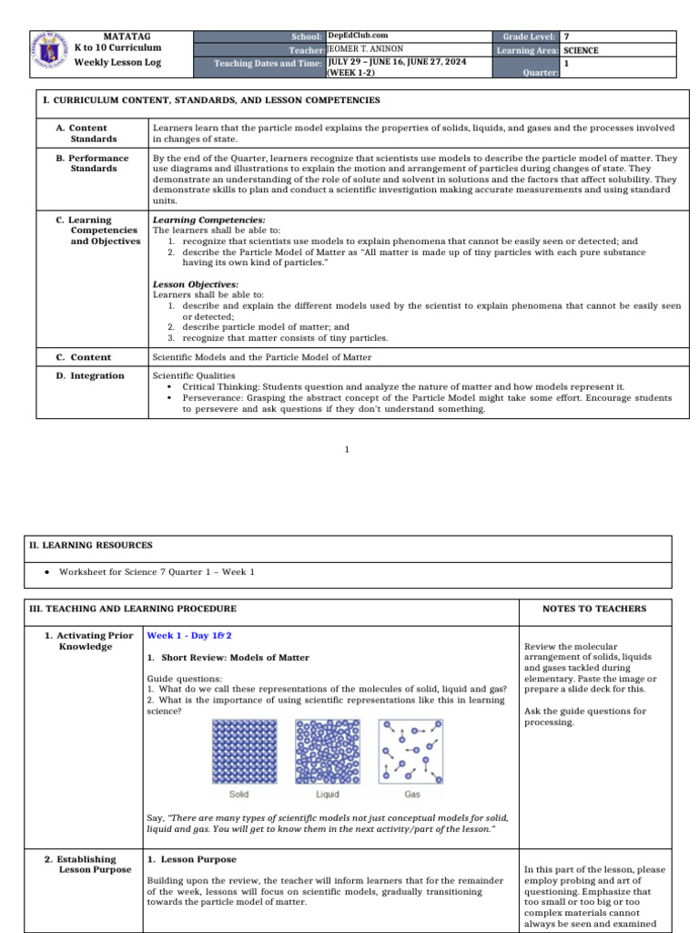 DLL Matatag - Science 7 Q1 W1 | PDF | Liquids | Atoms