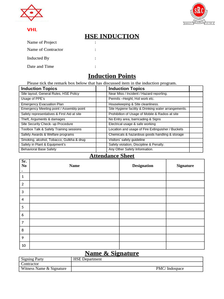 Src Hse Induction Document | PDF | Safety | Occupational Safety And Health