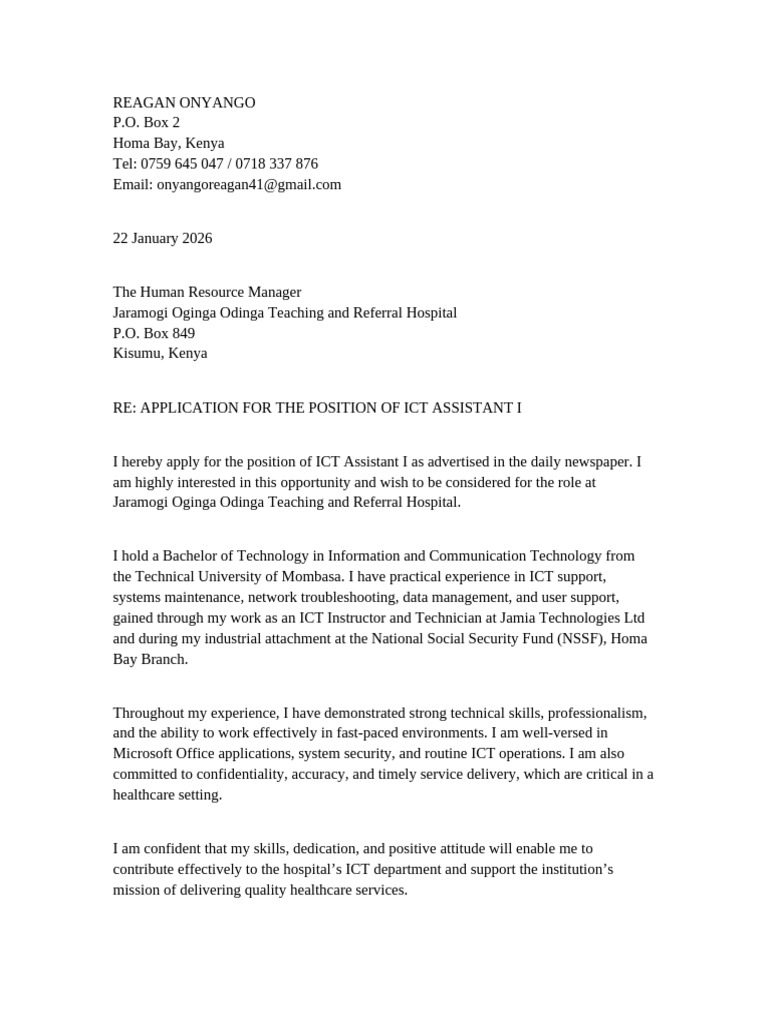 ICT Assistant Application Reagan Onyango | PDF