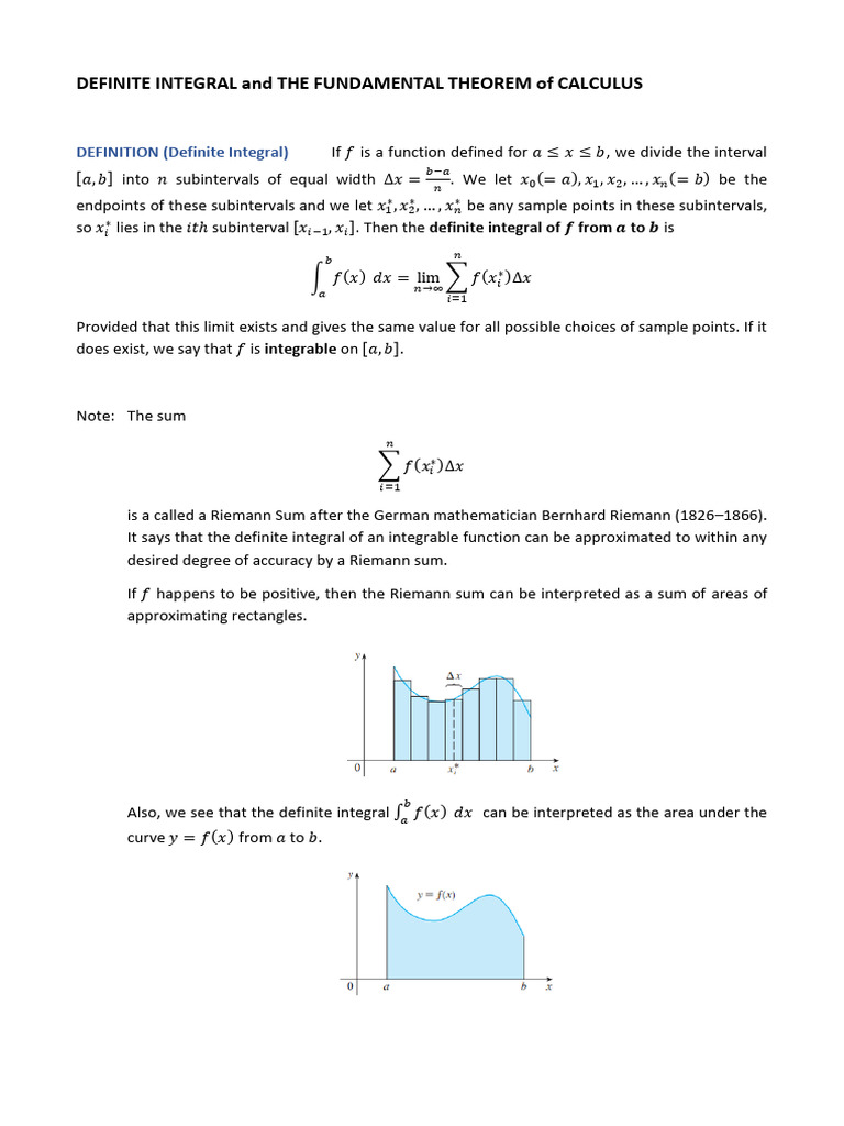 Definite Integral and The Fundamental Theorem of Calculus 1 | PDF ...