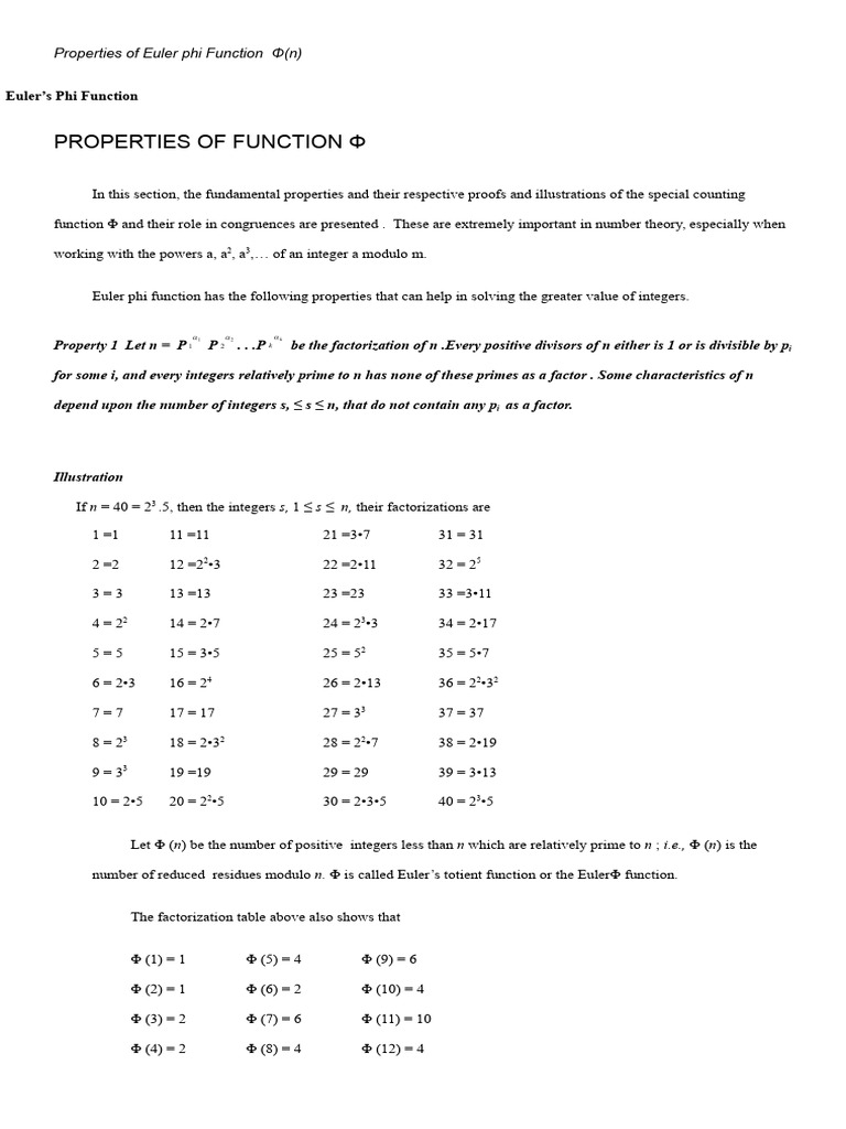 Properties of Euler Phi Function Φ (n) | PDF | Mathematical Analysis ...