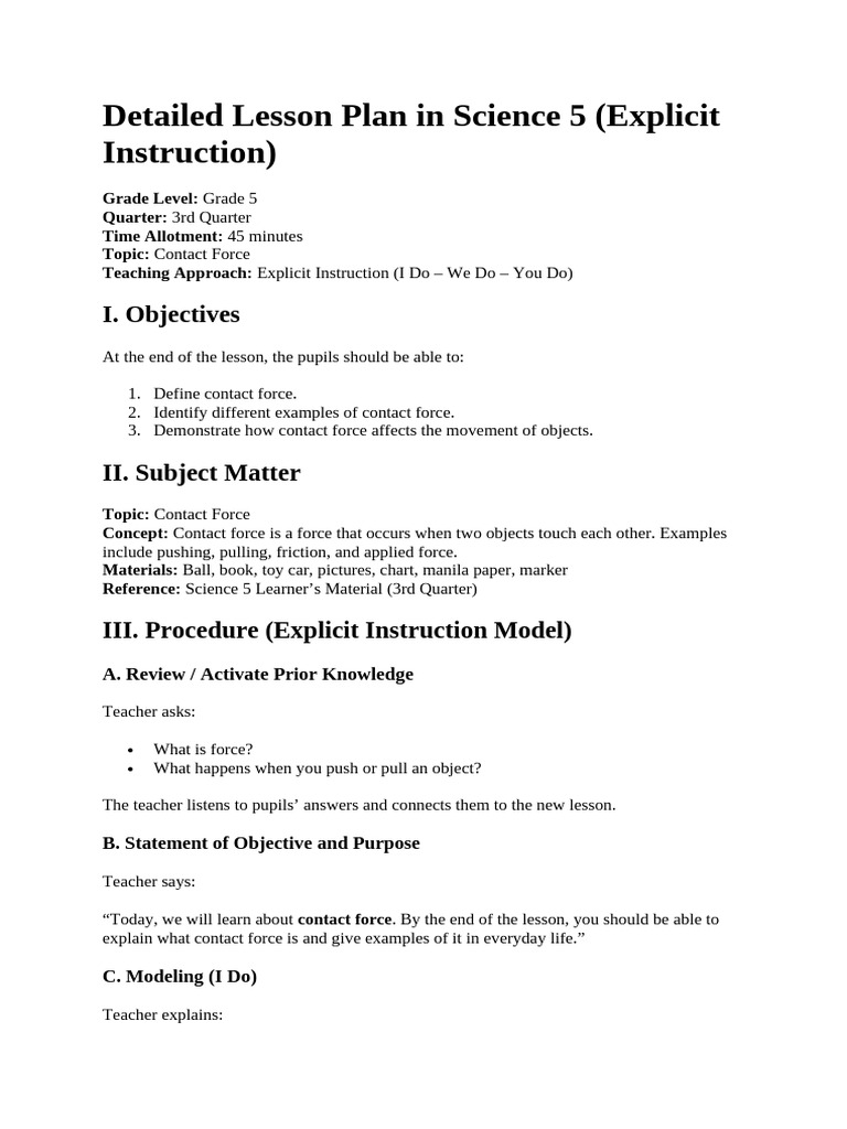 Detailed Lesson Plan in Science 5 - Explicit Instruction | PDF | Force ...