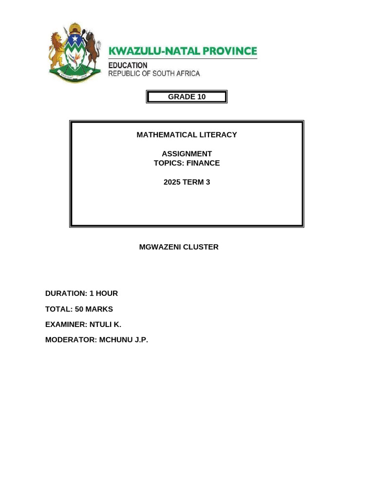 Mlit GR 10 Assignment Term 3 QP Eng 2025-2 | PDF | Interest | Expense