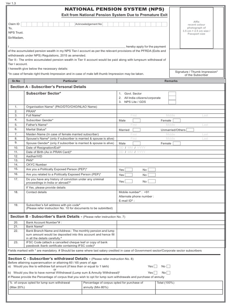Exit From NPS Due To Premature Exit Form | PDF | Retirement | Financial ...