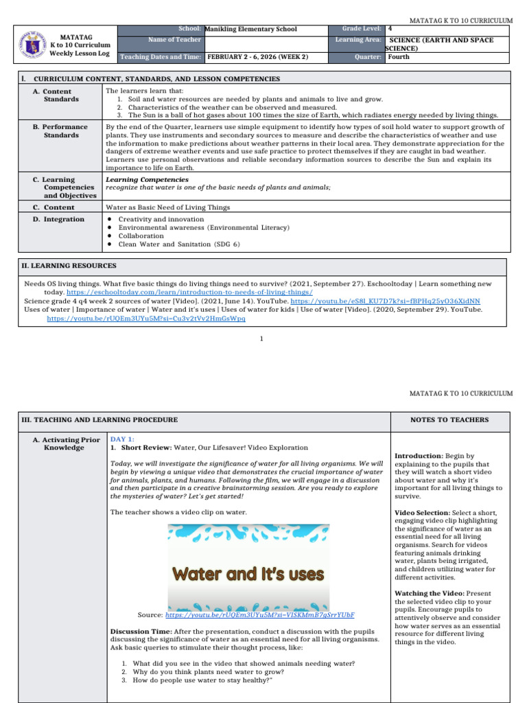 DTC DLL Matatag Science 4 q4 w2 | PDF | Curriculum | Water