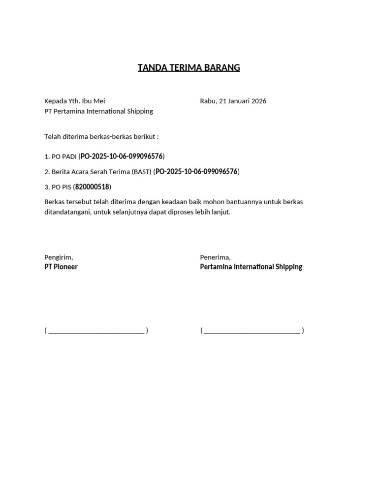 Tanda Terima Barang Template | PDF