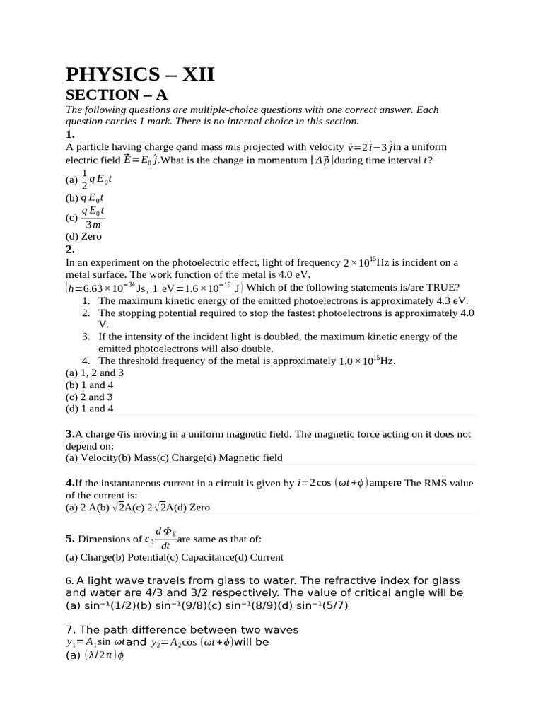 PHYSICS Test 2 Sample Papers | PDF | Waves | Photoelectric Effect