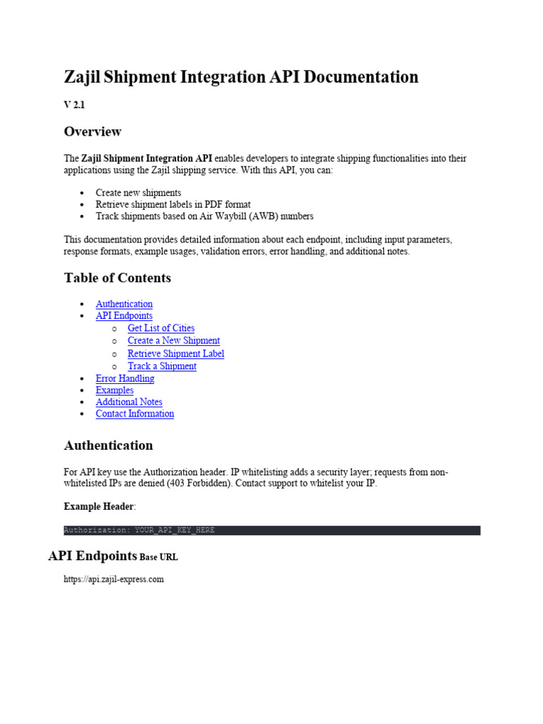Zajil Shipment Integration API DocumentatioV 2.1 | PDF | Computer ...