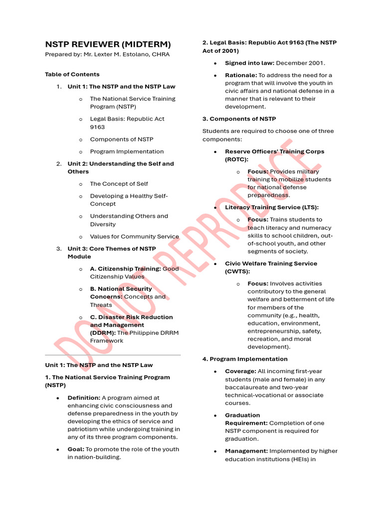 1ST Sem NSTP Reviewer For Midterm | PDF | Self Concept | Self Esteem