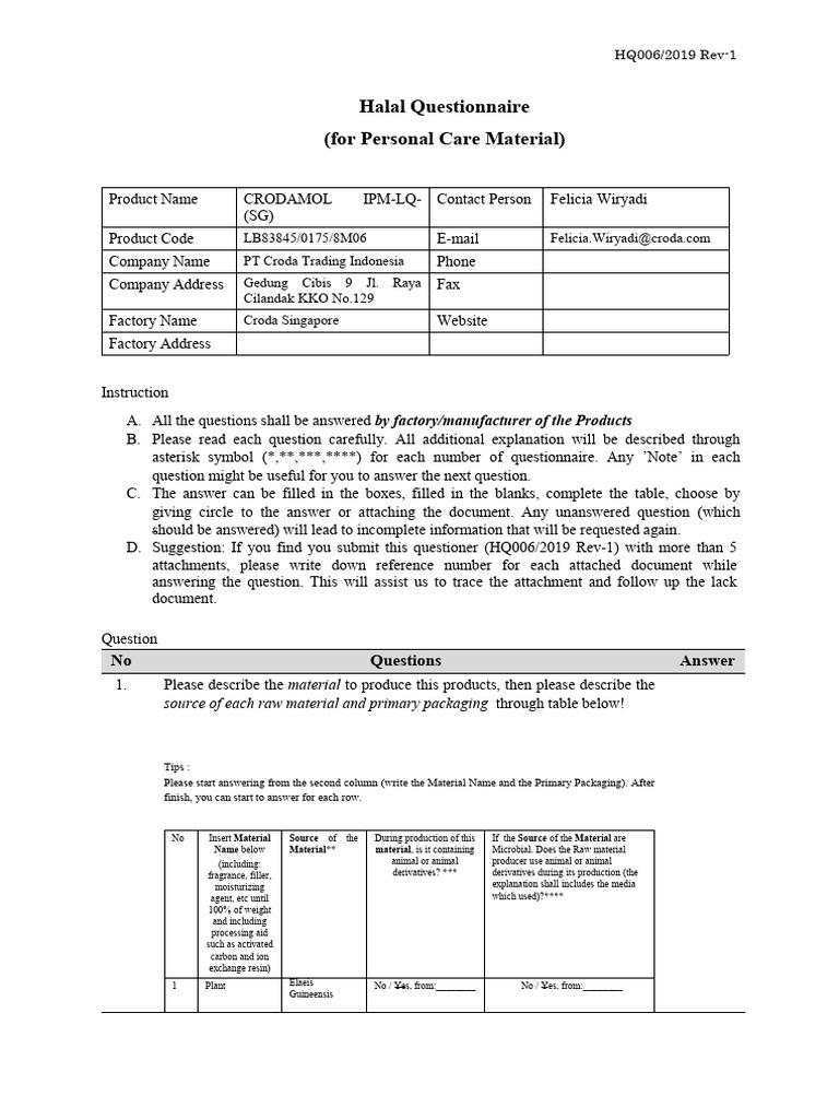 Halal Questionnaire For Personal Care Material | PDF