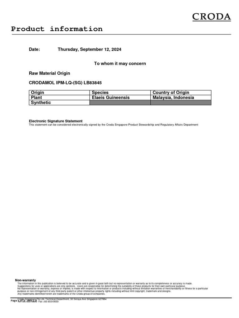 Crodamol Ipm-lq-(Sg) Lb83845 - Raw Material Origin (Rev 1.0) | PDF