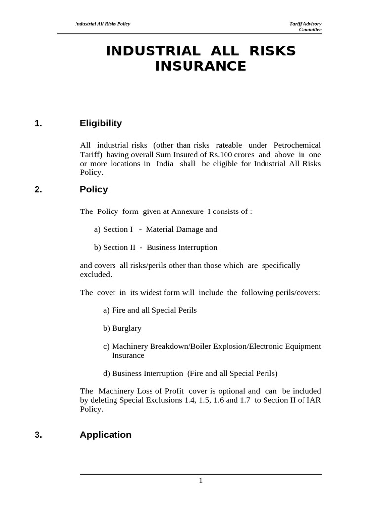Industrial All Risks Insurance: 1. Eligibility | PDF | Insurance ...