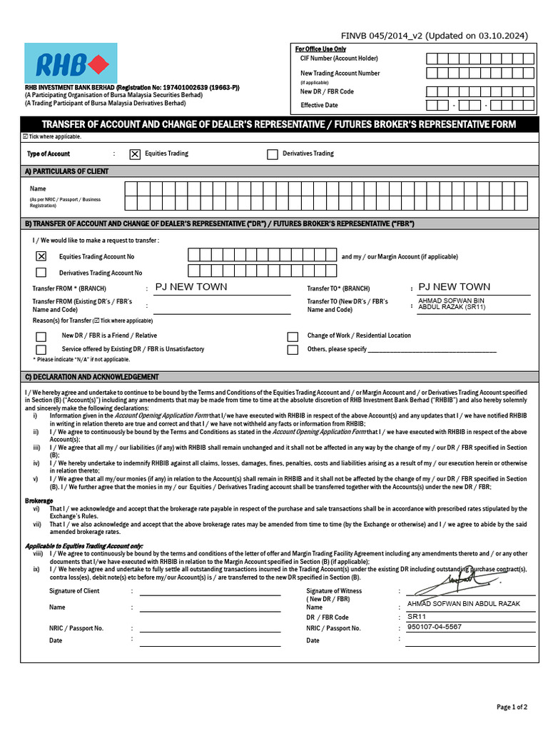 RHB Change of Remisier Form | PDF | Stocks | Margin (Finance)