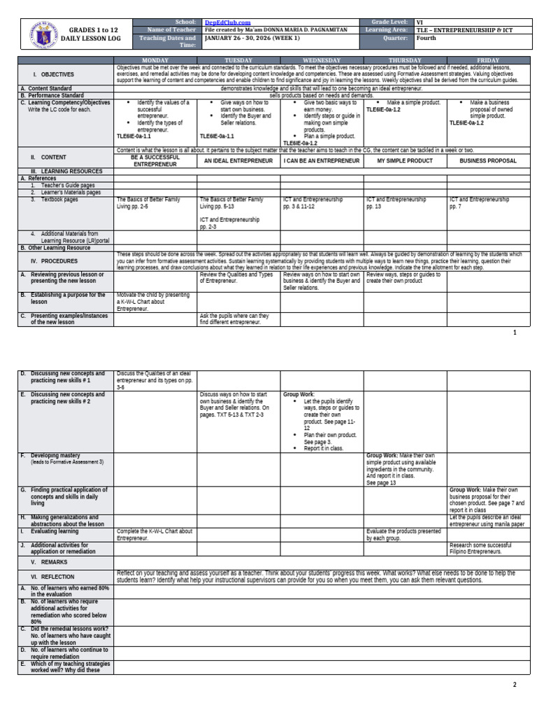 DTC - DLL - Tle - Entrep & Ict 6 q4 - w1 | PDF | Educational Technology ...