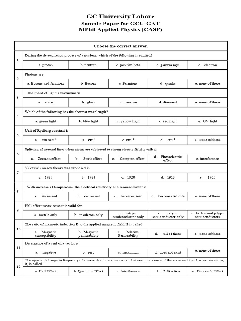 MPhil Applied Physics Sample Entry Test | PDF | Light | Atomic