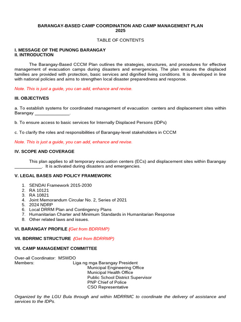 Sample Template 2025 CCCMP Brgy. | PDF | Hygiene | Emergency Evacuation