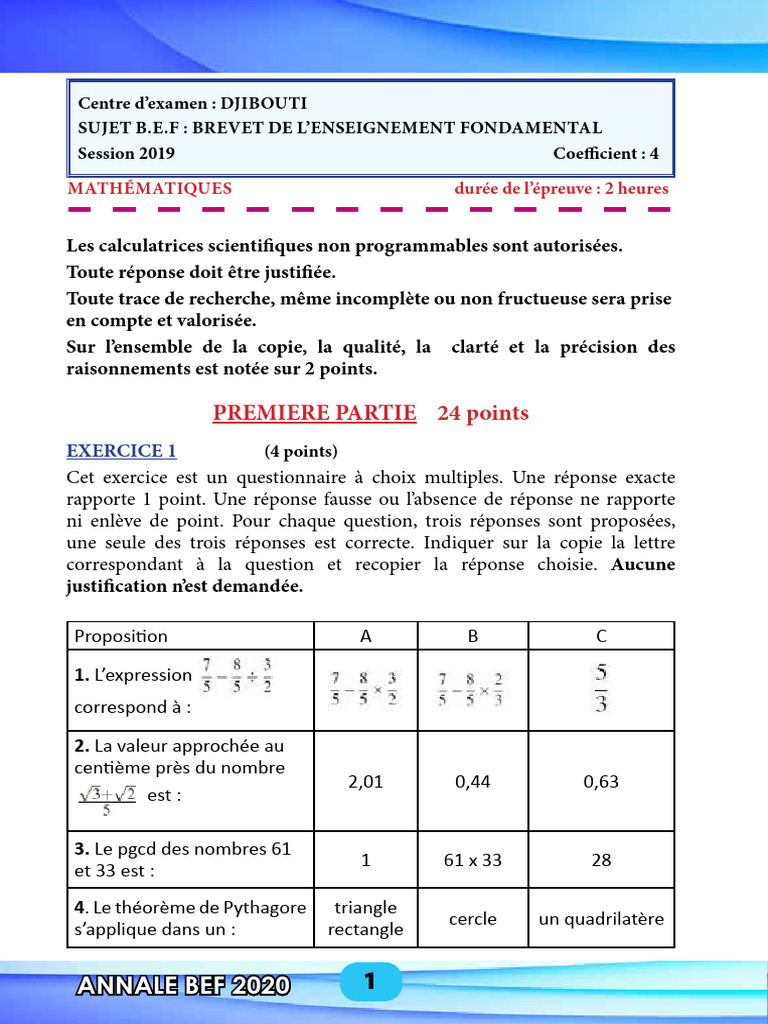 Bef Maths 2019 | PDF | Mathématiques