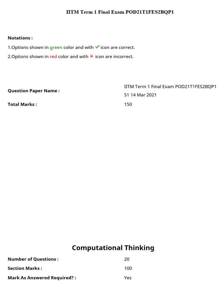 IITM BS Degree Foundation Level Term 1 CT and Stats 1 End Term(1) | PDF ...