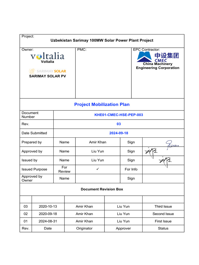 KHE01 CMEC HSE PEP 003 03 Project Mobilization Plan | PDF | Food Safety ...
