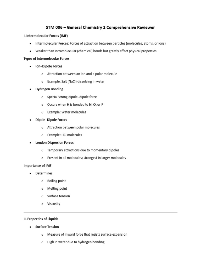 STM 006 1st Cpe Reviewer | PDF | Intermolecular Force | Chemical Polarity