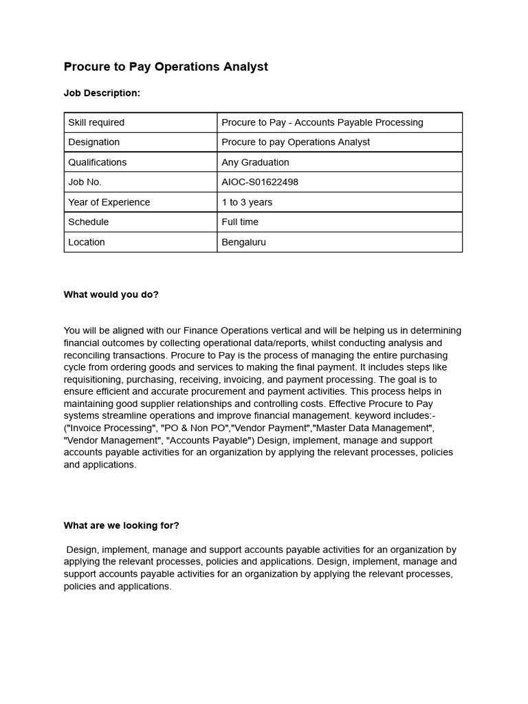 JD for Procure to Pay Operations Analyst | PDF | Accounts Payable ...