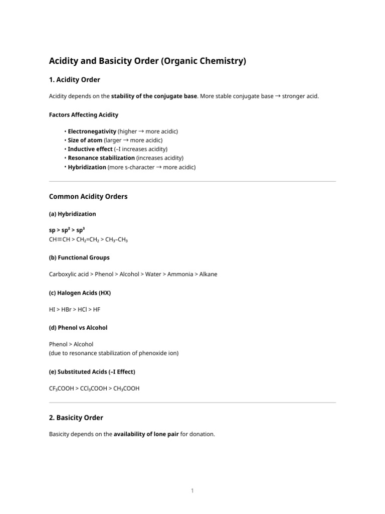 Acidity and Basicity Order | PDF