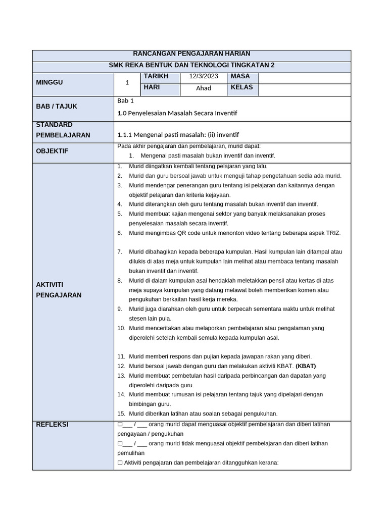 RPH Ringkas Minggu 1 RBT Tingkatan 2 by Cikgu Gorgeous | PDF
