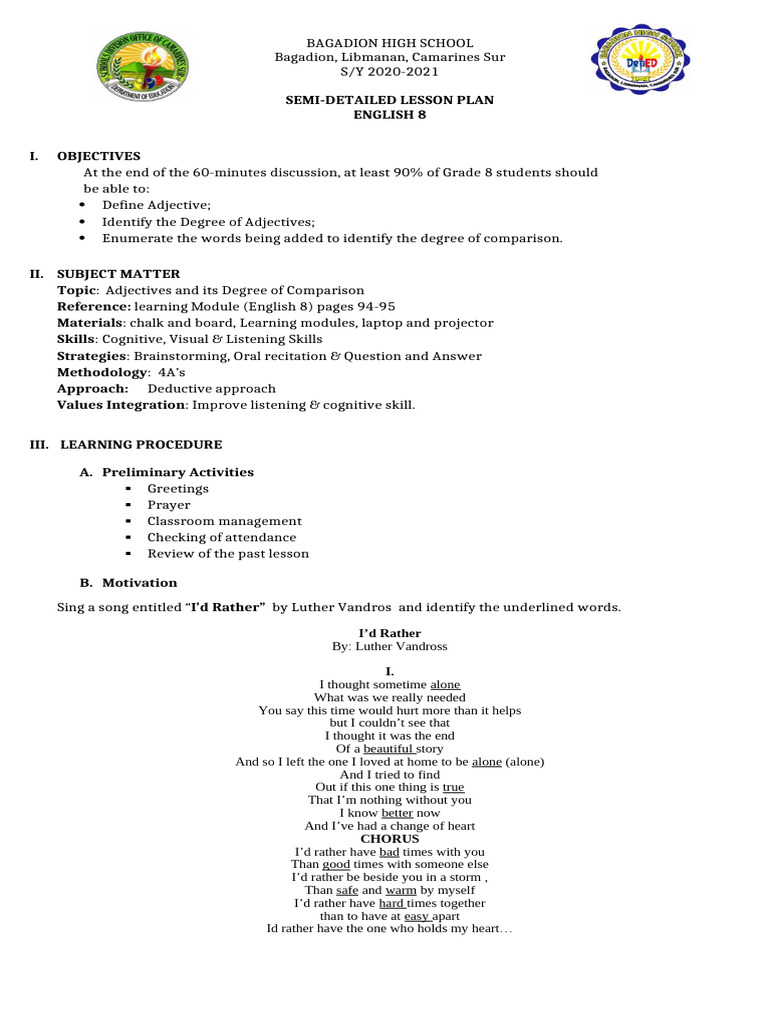 Adjective Comparison Lesson PlanCOT 2 | PDF | Adjective | Linguistics