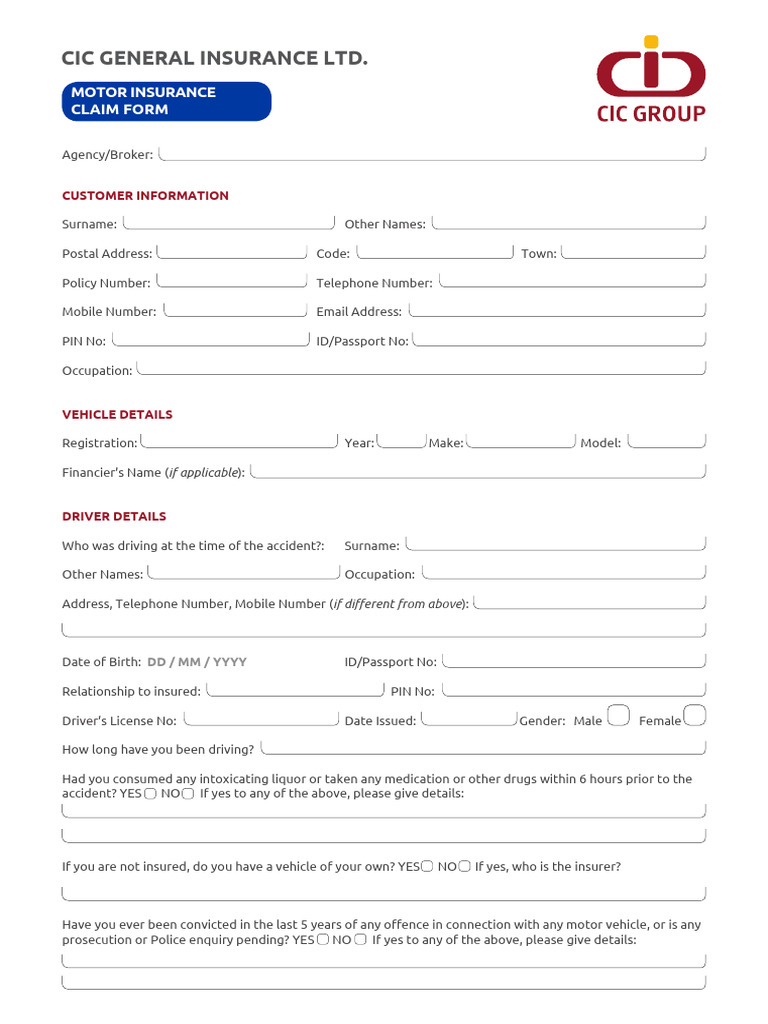 CIC GENERAL Motor Insurance Claim Form | PDF | Traffic Collision ...