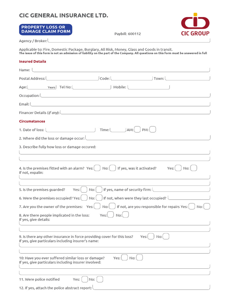 Property Loss or Damage Claim Form | PDF | Insurance