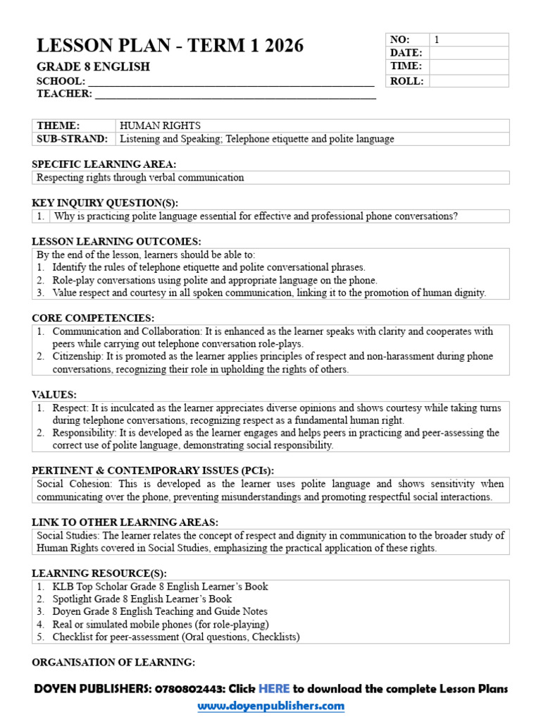 Grade 8 English Term 1 2026 Lesson Plans | PDF | Learning | Vocabulary