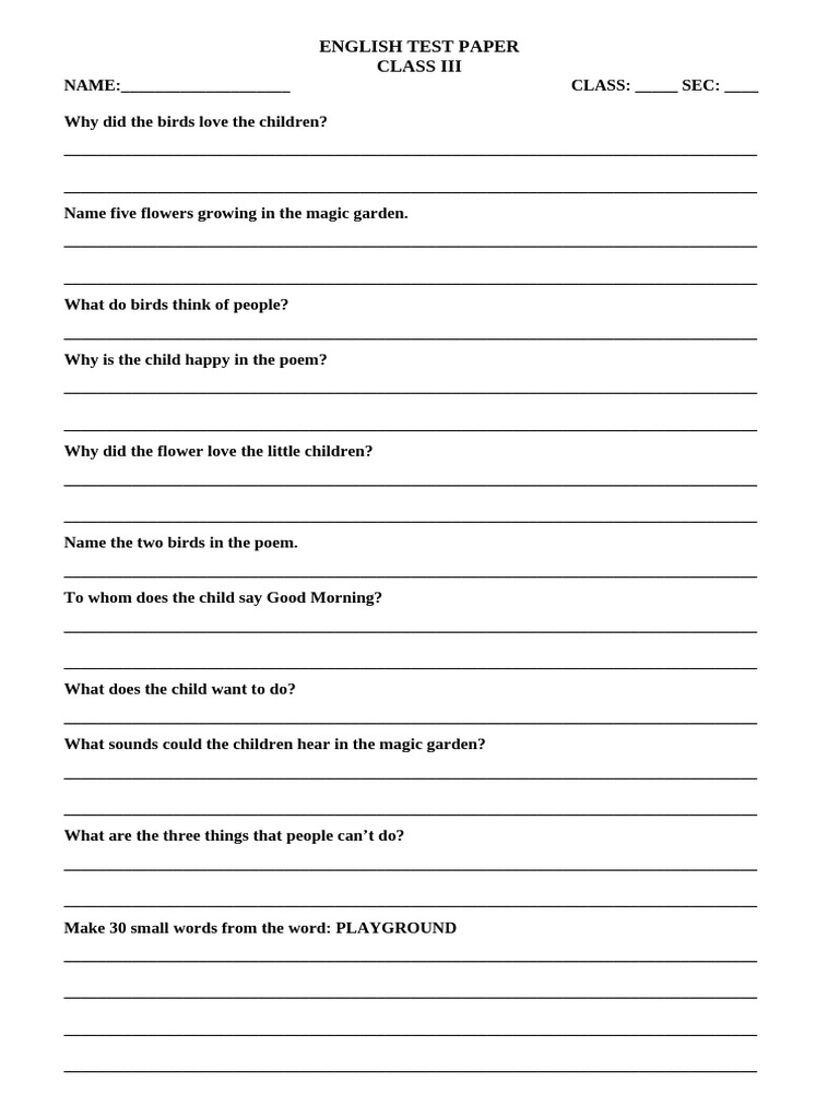 English Worksheet Question and Answer Class III 09-07-2013 | PDF