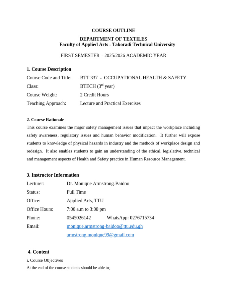 Course OUTLINE BTECH Occupational Health & Safety - Textiles | PDF ...