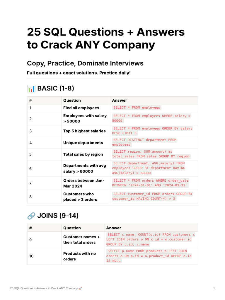 25 SQL Questions Answers To Crack ANY Company | PDF | Databases | Data ...