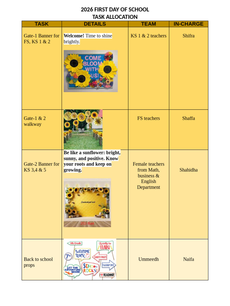 2026 First Day of School (TASK ALLOCATION) | PDF