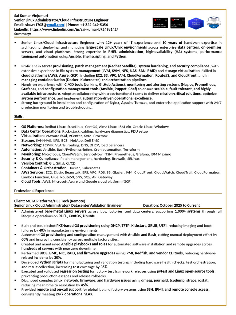 Sai Vinjumuri SR Linux & Cloud System Engineer Updated | PDF | Cloud ...
