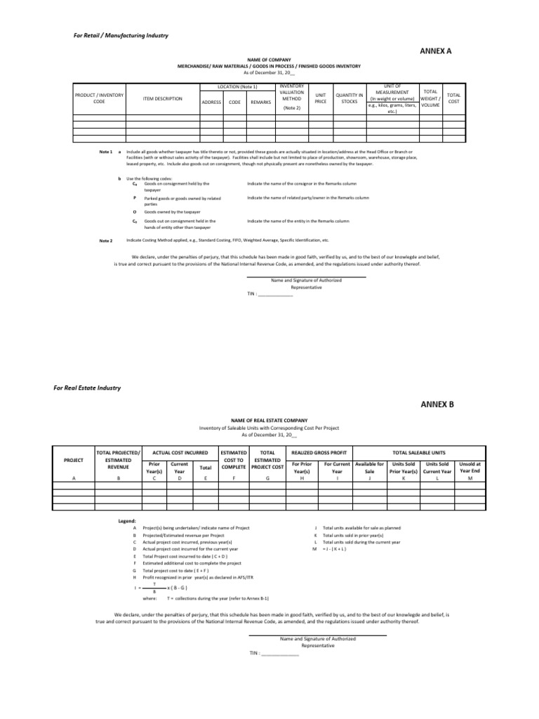 RMC No 8-2023 Annex - A-C | PDF | Inventory | Business