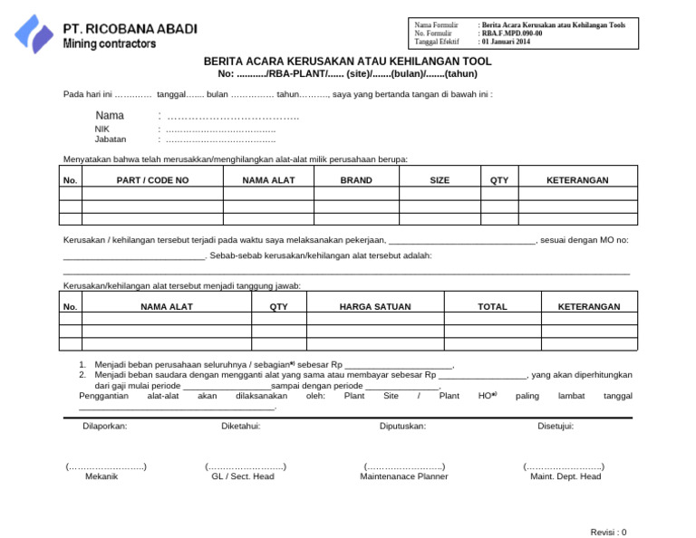 RBA.F.mpd.90-00 Form Berita Acara Kerusakan Atau Kehilangan Tools | PDF